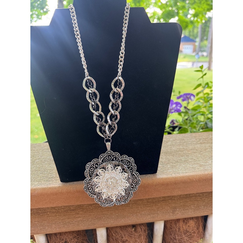 Statement Necklace Silver Pendant Chain Rhinestone Flower Medallion Women